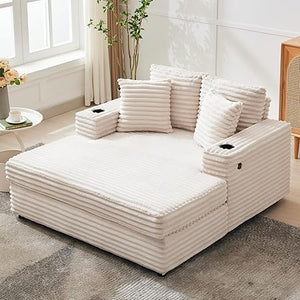 60-Inch Oversized Chaise Lounge Sofa with Charging Station & Cup Holders