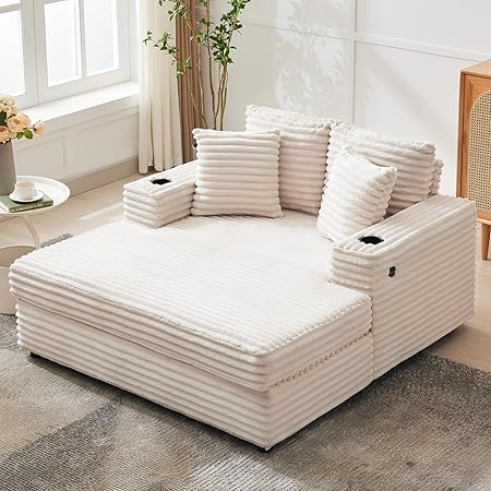 60-Inch Oversized Chaise Lounge Sofa with Charging Station & Cup Holders