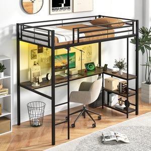 Twin Size Metal Loft Bed with Desk, LED Lights & Charging Station