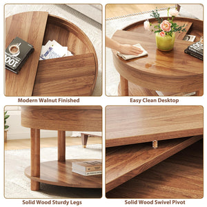 Round Coffee Table with 2-Tier Rotating Storage, 30.63"