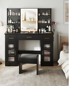 Vanity Desk with LED Mirror & Sliding Mirror