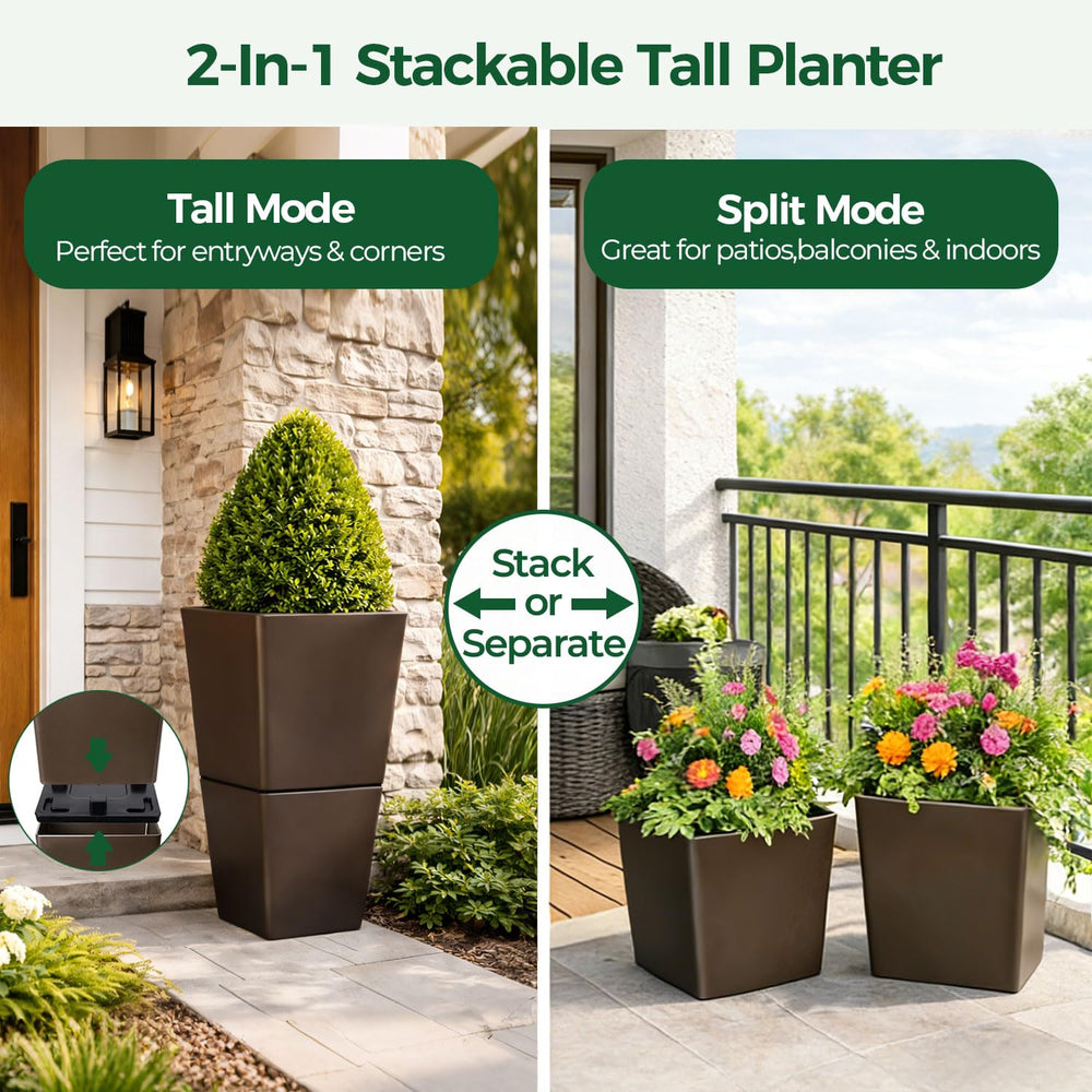 Tall Outdoor Planters with Wheels & Drainage – Set of 2