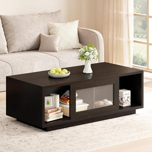 Rustic Wood Coffee Table with Sliding Door Storage
