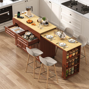 80"-48" Extendable Kitchen Island with Extended Dining Table and Power Outlet,Large Mobile Kitchen Storage Islands with 2 Storage Drawers,Rolling Islands Cart with 3 Extra Rows Open Shelves(Blue)