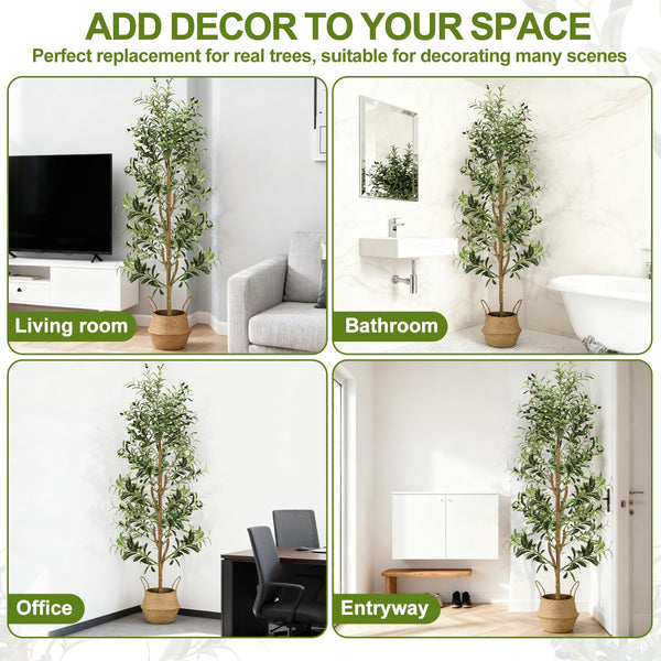 Faux Olive Tree – 6ft & 7ft Indoor Artificial Tree with Planter, Basket & Lights