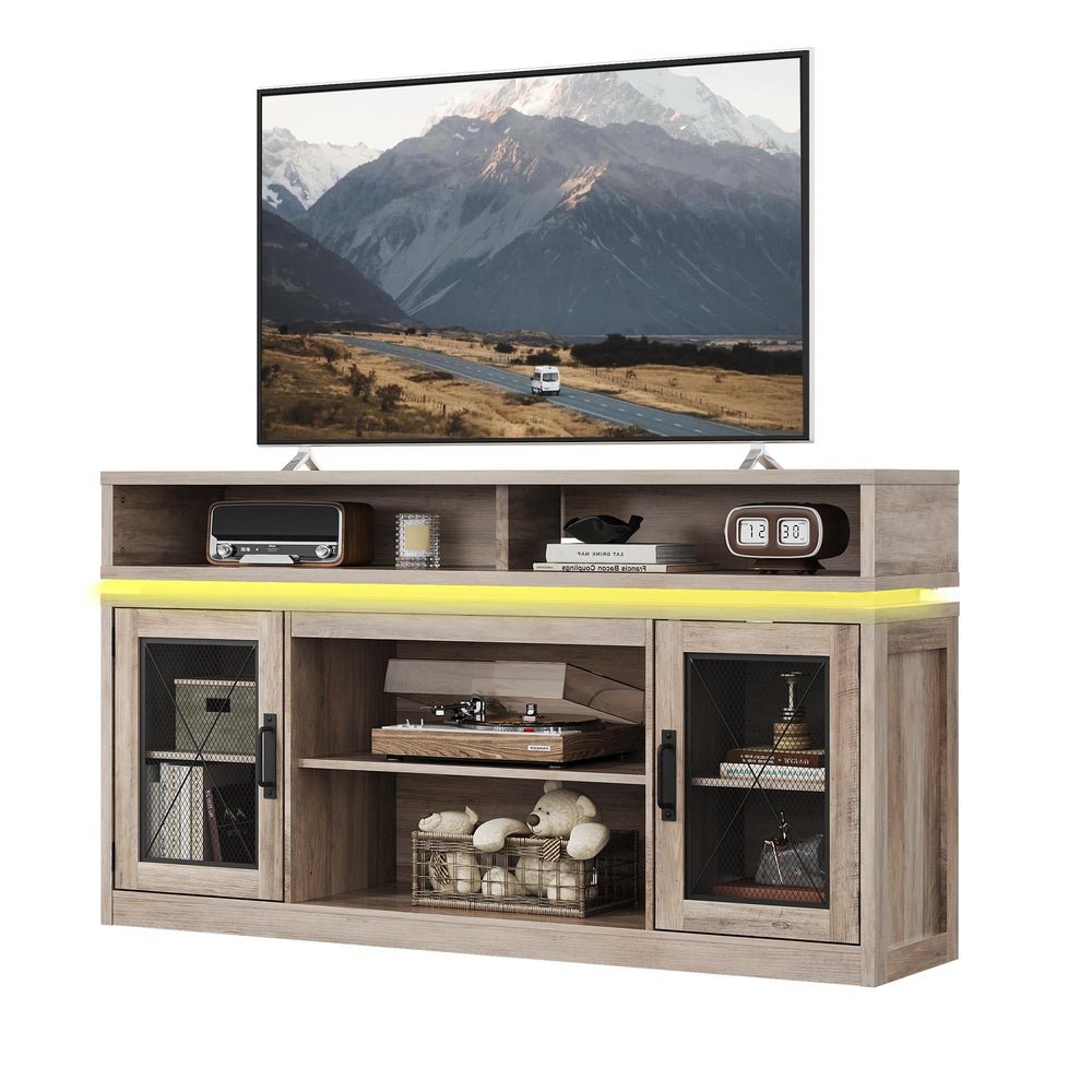 Farmhouse TV Stand with LED Lights & Storage Cabinets
