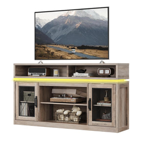 Farmhouse TV Stand with LED Lights & Storage Cabinets