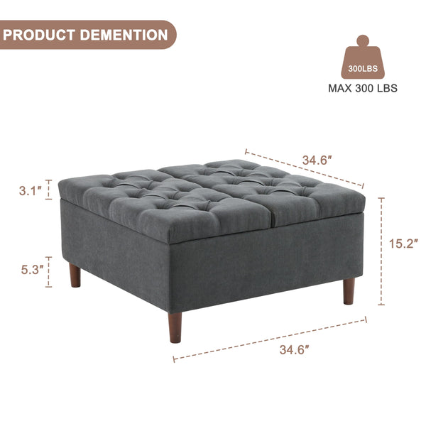 Large Lift-Top Storage Ottoman Coffee Table – Square Tufted Upholstered Ottoman