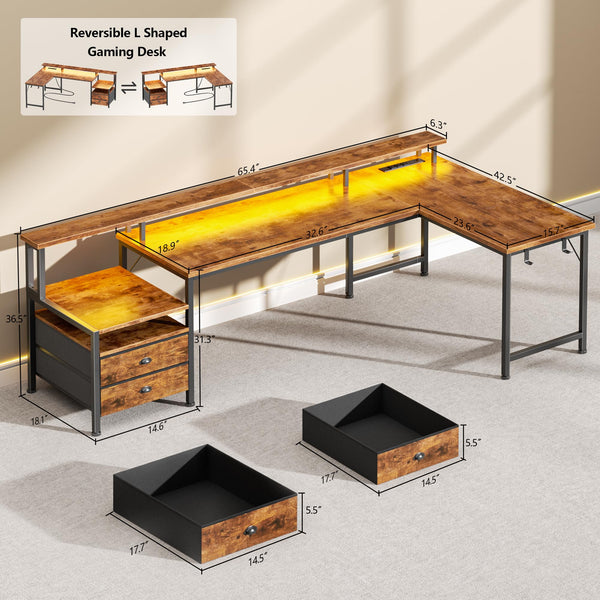 L-Shaped Computer Desk with Power Outlets, USB-C, Drawers & LED Lights – 65 Inch