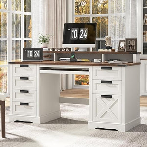 L-Shaped Executive Desk with Drawers, Power Outlets & Storage Shelf