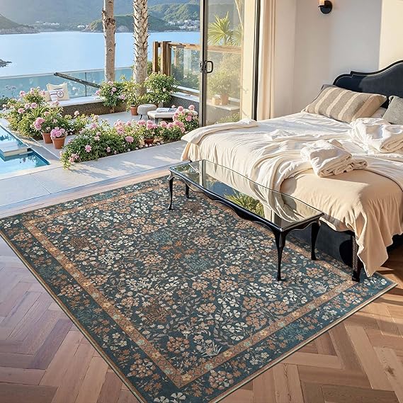 Floral Vintage Area Rug 5x7 Low Pile Machine Washable Non-Slip