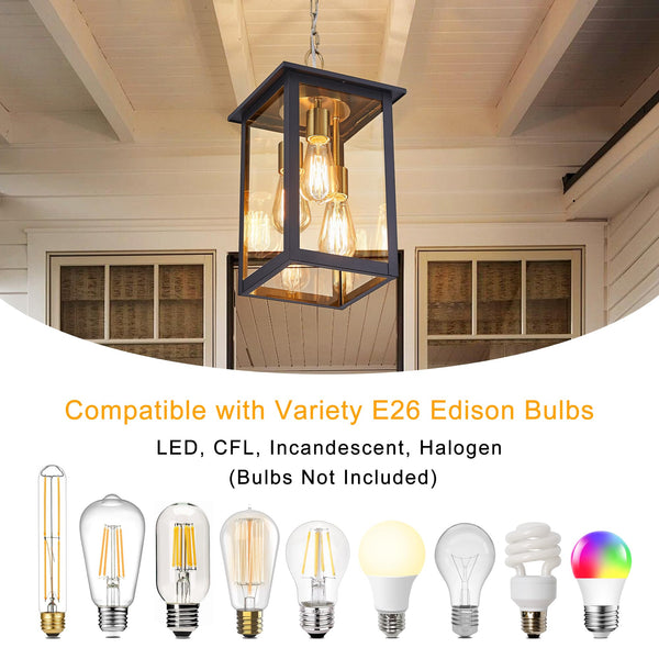 3-Light Outdoor Hanging Lantern Pendant – Farmhouse Black & Gold, Clear Glass