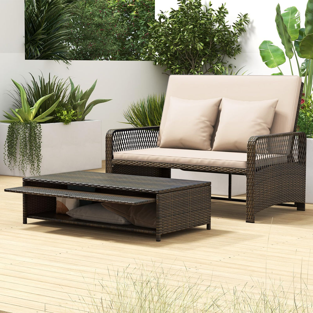 Patio Rattan Daybed Loveseat Set with Storage Ottoman & Cushions