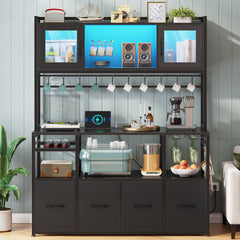 Bakers Rack with Power Outlet, LED Light & Storage Cabinet