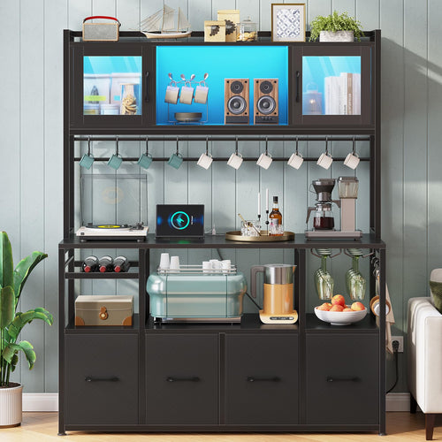 Bakers Rack with Power Outlet, LED Light & Storage Cabinet