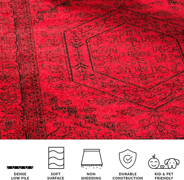 Red & Black Oriental Area Rug 10x14 – Traditional Medallion, Non-Shedding, Machine Woven