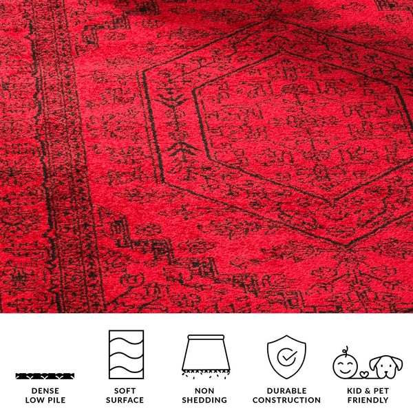 Red & Black Oriental Area Rug 10x14 – Traditional Medallion, Non-Shedding, Machine Woven