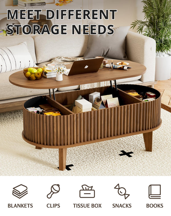 Oval Lift-Top Coffee Table with Fluted Wood & Hidden Storage