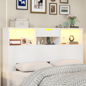 Queen Size Bookcase Headboard with Storage, LED Lights & Charging Station