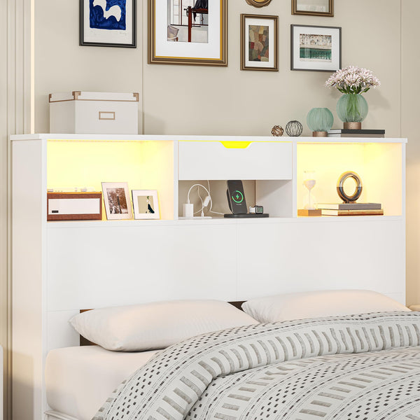 Queen Size Bookcase Headboard with Storage, LED Lights & Charging Station