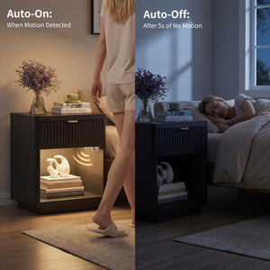 Nightstand Set of 2 with Charger Station and LED Sensor Light — Large Modern Fluted Night Stand