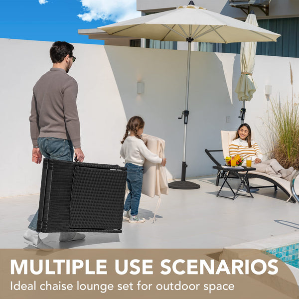 Outdoor Rattan Chaise Lounge Set with Folding Table – 3 Piece