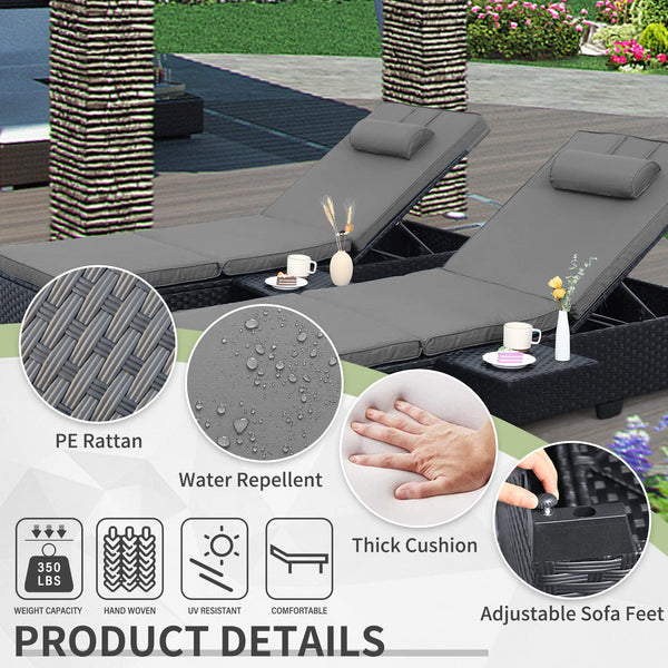 Outdoor Chaise Lounge Chairs Set of 2 – Wicker Recliner with Adjustable Backrest & Cushions