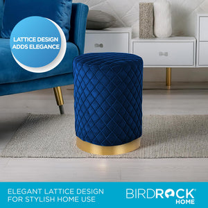 Velvet Round Ottoman Foot Stool – Lattice Design, Gold Trim, Blue