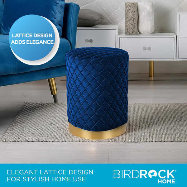 Velvet Round Ottoman Foot Stool – Lattice Design, Gold Trim, Blue