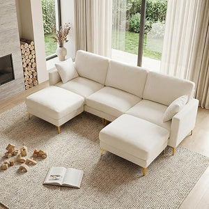 U-Shaped Sectional Sofa with Ottoman – Chenille Cloud Couch, 3-Seater
