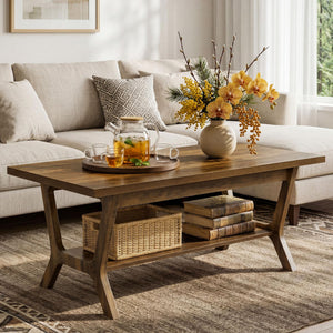 2-Tier Farmhouse Coffee Table with Storage Shelf