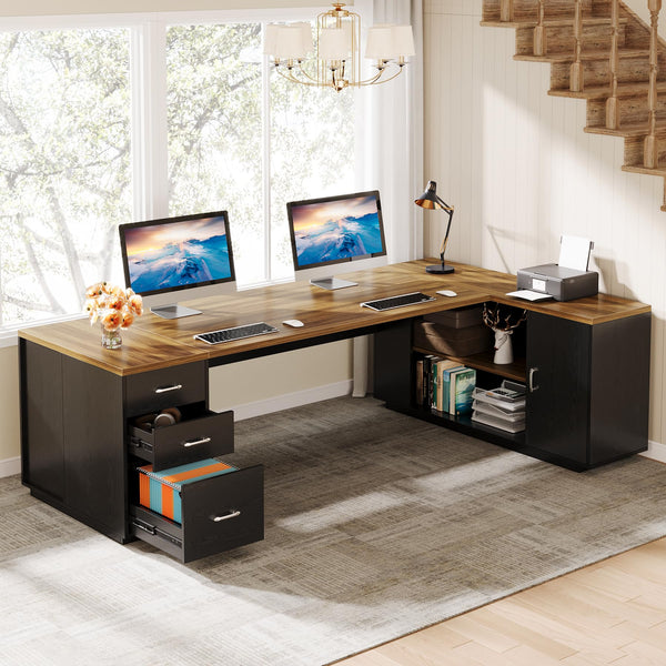 L-Shaped Executive Desk with File Drawers & Cabinet