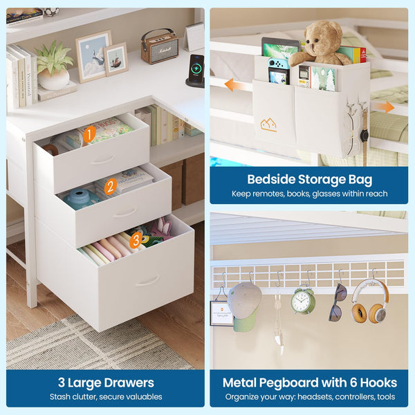 Twin Loft Bed with L-Shaped Gaming Desk & Storage
