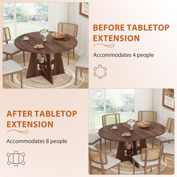 Round Extendable Dining Table with Storage Shelf — Seats 4 to 8