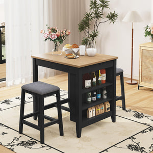 HLR 3-Piece Dining Table Set for 2 Person, Small Farmhouse Kitchen Table with 2 Bar Stools, Wood Dinner Table with Storage Shelves for Dining Room, Apartment, Small Space, Breakfast Nook, Black