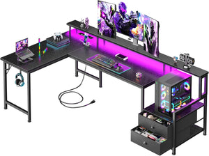 L-Shaped Computer Desk with Power Outlets, USB-C, Drawers & LED Lights – 65 Inch
