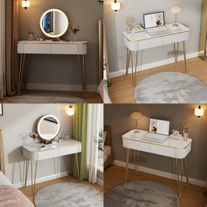 Small Vanity Desk Set with Round Mirror & LED Lights