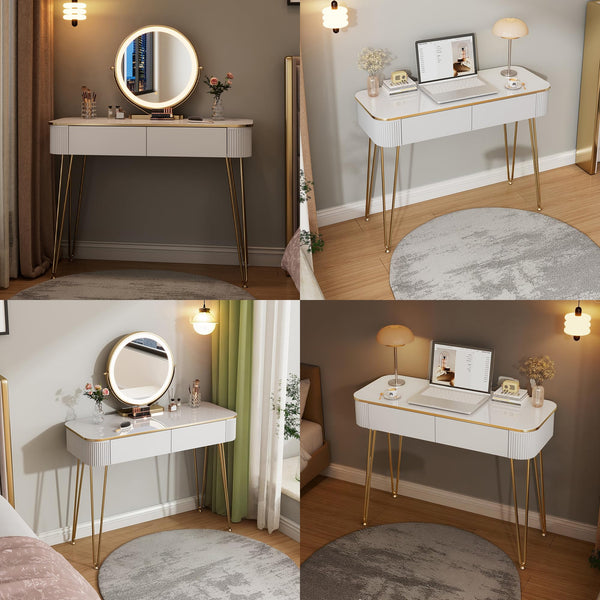 Small Vanity Desk Set with Round Mirror & LED Lights