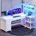 L-Shaped Desk with Drawers, Storage Shelves & Power Outlets