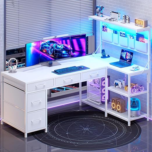 L-Shaped Desk with Drawers, Storage Shelves & Power Outlets