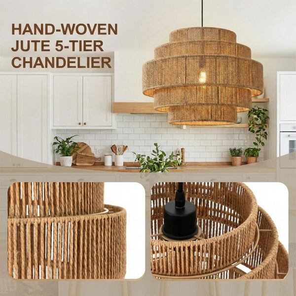 5-Tier Handwoven Rattan Pendant Chandelier 13" Boho Ceiling Light