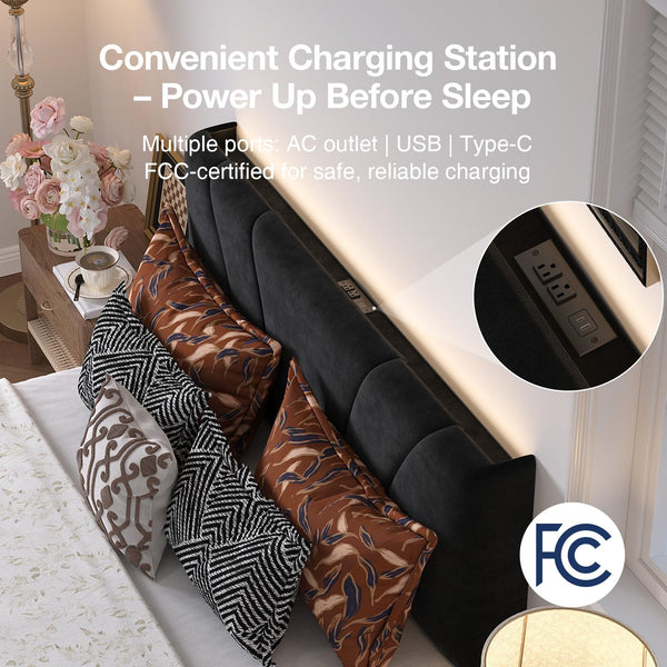 Queen Bed Frame with LED Lights, Drawers & Charging Station