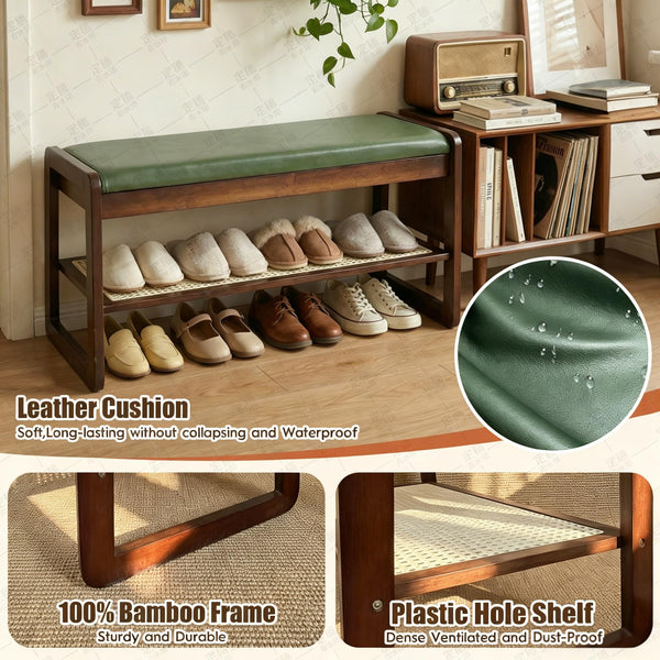 2-Tier Bamboo Shoe Rack Bench with Cushion & Hidden Storage