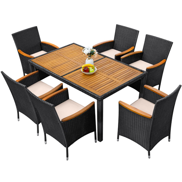 7-Piece Outdoor Patio Dining Set with Rattan Chairs & Acacia Wood Table
