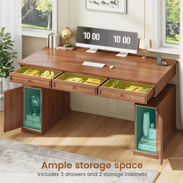 Farmhouse Electric Height-Adjustable Standing Desk with Drawers & Power Outlets