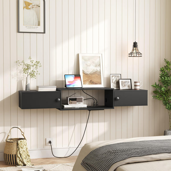 55" Floating TV Stand with Power Outlets and Cabinet Doors