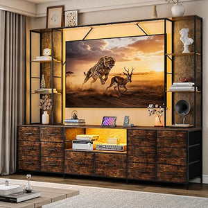 96" Wall Unit Entertainment Center with 14 Fabric Drawers, LED Lights & Power Outlets