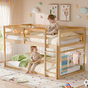 Twin Over Twin Low Bunk Bed with Full Guardrails
