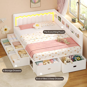 Full Corner Bed Frame with Storage Drawers, RGB Lights & L-Shaped Guardrail