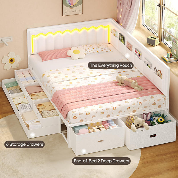 Full Corner Bed Frame with Storage Drawers, RGB Lights & L-Shaped Guardrail